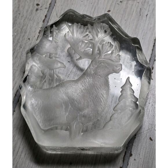 Vtg Handcrafted Lead Crystal Moose Caribou Paperweight Romania Winter Scene - Picture 9 of 14